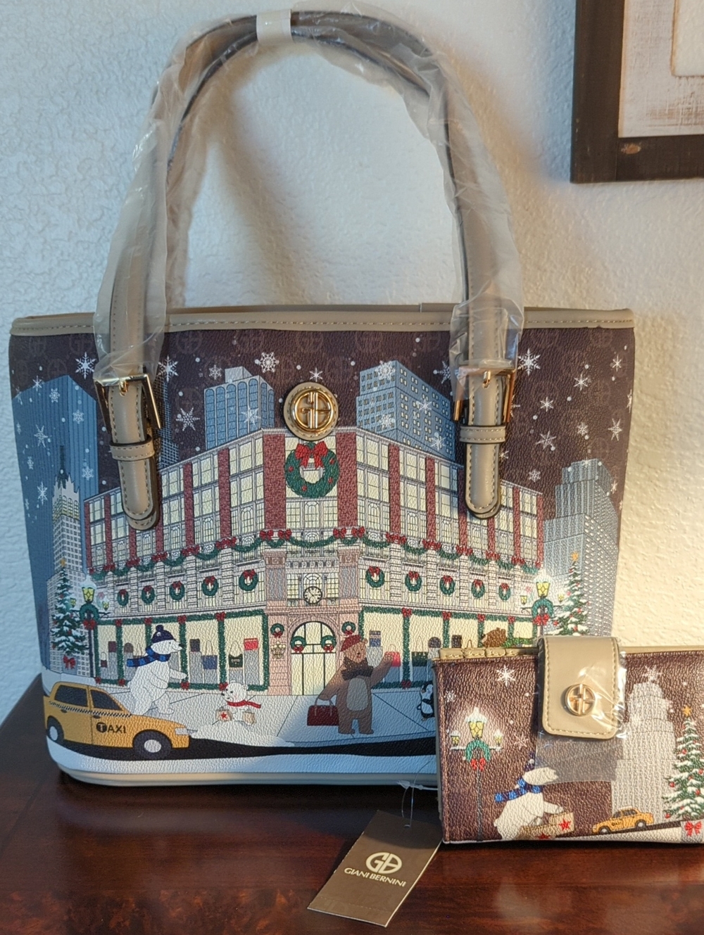 Giani Bernini Beige and Brown Holiday City-Scene Tote And Wallet.